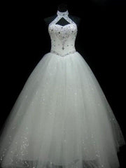 Wedding Dress Summer, Sequin Ball Gown Sleeveless Floor Length Beading Tulle Halter Wedding Dresses