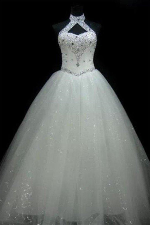 Wedding Dress Websites, Sequin Ball Gown Sleeveless Floor Length Beading Tulle Halter Wedding Dresses