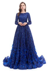 Formal Dress For Wedding Party, Sequins Long Sleeve Feather A-line Floor Length Prom Dresses