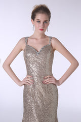 Prom Dresses With Sleeves, Sequins Mermaid Spaghetti Straps Sleeveless Prom Dresses