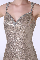 Prom Dresses Fitted, Sequins Mermaid Spaghetti Straps Sleeveless Prom Dresses