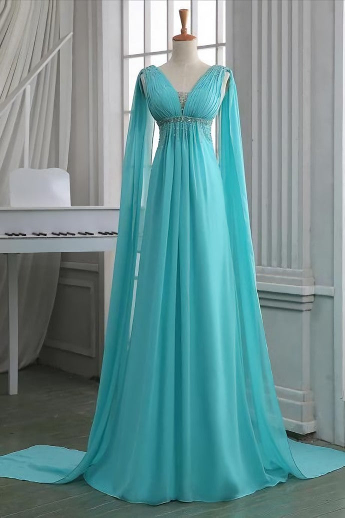 Prom Dresses, Sequins Ruched V Neck Empire Prom Dress, Turquoise Floor Length Sweep Train Prom Dress, Unique Lace-up Long Chiffon Prom Dress