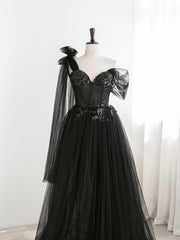 Prom Dress Shopping Near Me, Sexy Black One Shoulder Tulle Sweetheart Sequins Party Dress, Black Evening Gown