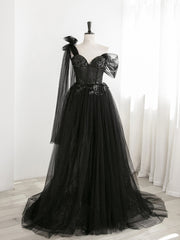 Prom Dresses Elegent, Sexy Black One Shoulder Tulle Sweetheart Sequins Party Dress, Black Evening Gown