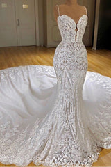 Wedding Dresses Elegant Simple, Sexy Long Mermaid V-neck Spaghetti Straps Appliques Lace Wedding Dress