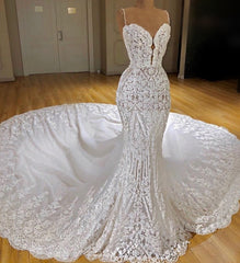 Wedding Dress Elegant Simple, Sexy Long Mermaid V-neck Spaghetti Straps Appliques Lace Wedding Dress