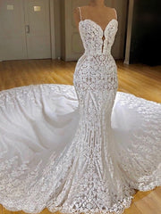 Wedding Dress Classy Elegant, Sexy Long Mermaid V-neck Spaghetti Straps Appliques Lace Wedding Dress