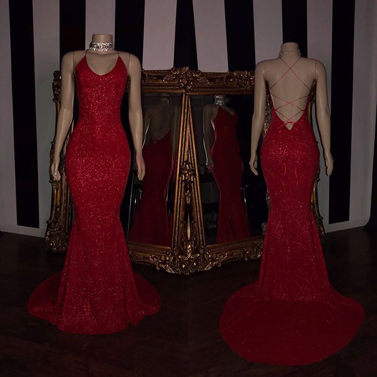 Prom Dresses Glitter, Sexy Spaghetti Straps Red Mermaid Prom Dress Sequins Chiffon Long