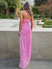 Prom Dress Long, Sheath/Column Halter Floor-Length Velvet Sequins Prom Dresses With Leg Slit