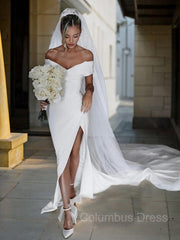 Wedding Dresses Princess, Sheath/Column Off-the-Shoulder Chapel Train Charmeuse Wedding Dresses With Leg Slit