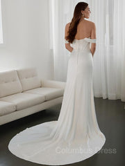 Wedding Dress With Sleeved, Sheath/Column Off-the-Shoulder Court Train Charmeuse Wedding Dresses With Leg Slit