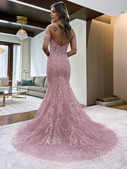 Evening Dress Wholesale, Sheath/Column Off-the-Shoulder Court Train Lace Prom Dresses With Appliques Lace