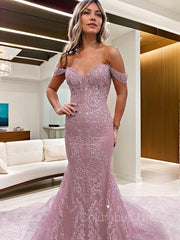 Evening Dress Gown, Sheath/Column Off-the-Shoulder Court Train Lace Prom Dresses With Appliques Lace