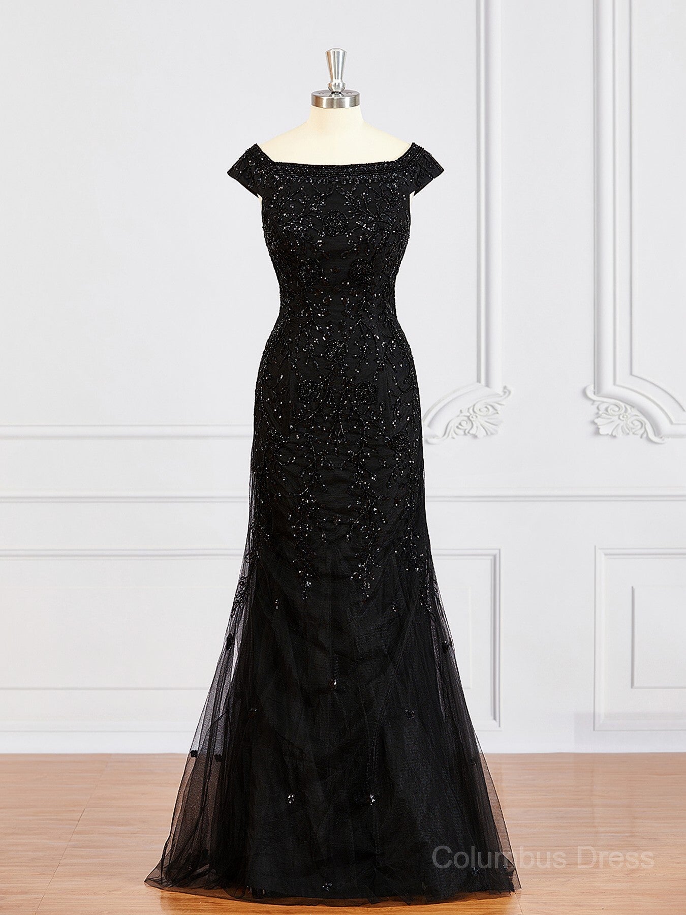 Prom Dresses For Skinny Body, Sheath/Column Off-the-Shoulder Floor-Length Tulle Mother of the Bride Dresses With Beading