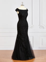 Prom Dresses Off Shoulder, Sheath/Column Off-the-Shoulder Floor-Length Tulle Mother of the Bride Dresses With Beading