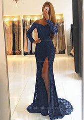 Party Dress Classy Christmas, Sheath/Column Off-the-Shoulder Full/Long Sleeve Sweep Train Lace Dress With Split