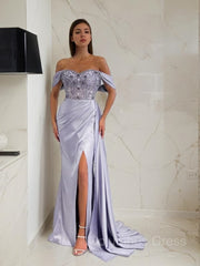 Party Outfit, Sheath/Column Off-the-Shoulder Sweep Train Elastic Woven Satin Prom Dresses With Leg Slit