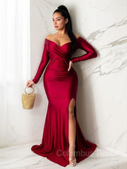 Party Dress Sleeves, Sheath/Column Off-the-Shoulder Sweep Train Jersey Evening Dresses With Leg Slit