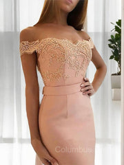 Party Dress Baby, Sheath/Column Off-the-Shoulder Sweep Train Stretch Crepe Evening Dresses With Appliques Lace