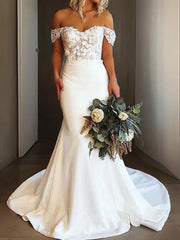 Wedding Dress Idea, Sheath/Column Off-the-Shoulder Sweep Train Stretch Crepe Wedding Dresses With Appliques Lace