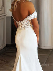 Wedding Dresses Ideas, Sheath/Column Off-the-Shoulder Sweep Train Stretch Crepe Wedding Dresses With Appliques Lace
