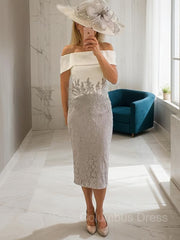 Pleated Dress, Sheath/Column Off-the-Shoulder Tea-Length Lace Mother of the Bride Dresses