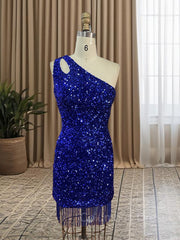 Homecoming Dresses Formal, Sheath/Column One-Shoulder Short/Mini Velvet Sequins Homecoming Dresses