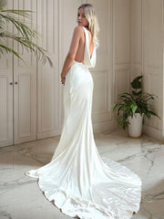 Wedding Dress Under 107, Sheath/Column Scoop Court Train Silk like Satin Wedding Dresses