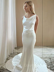Wedding Dresses Custom, Sheath/Column Scoop Court Train Silk like Satin Wedding Dresses