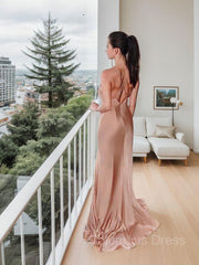 Bridesmaids Dress Beach, Sheath/Column Spaghetti Straps Floor-Length Silk like Satin Evening Dresses With Leg Slit