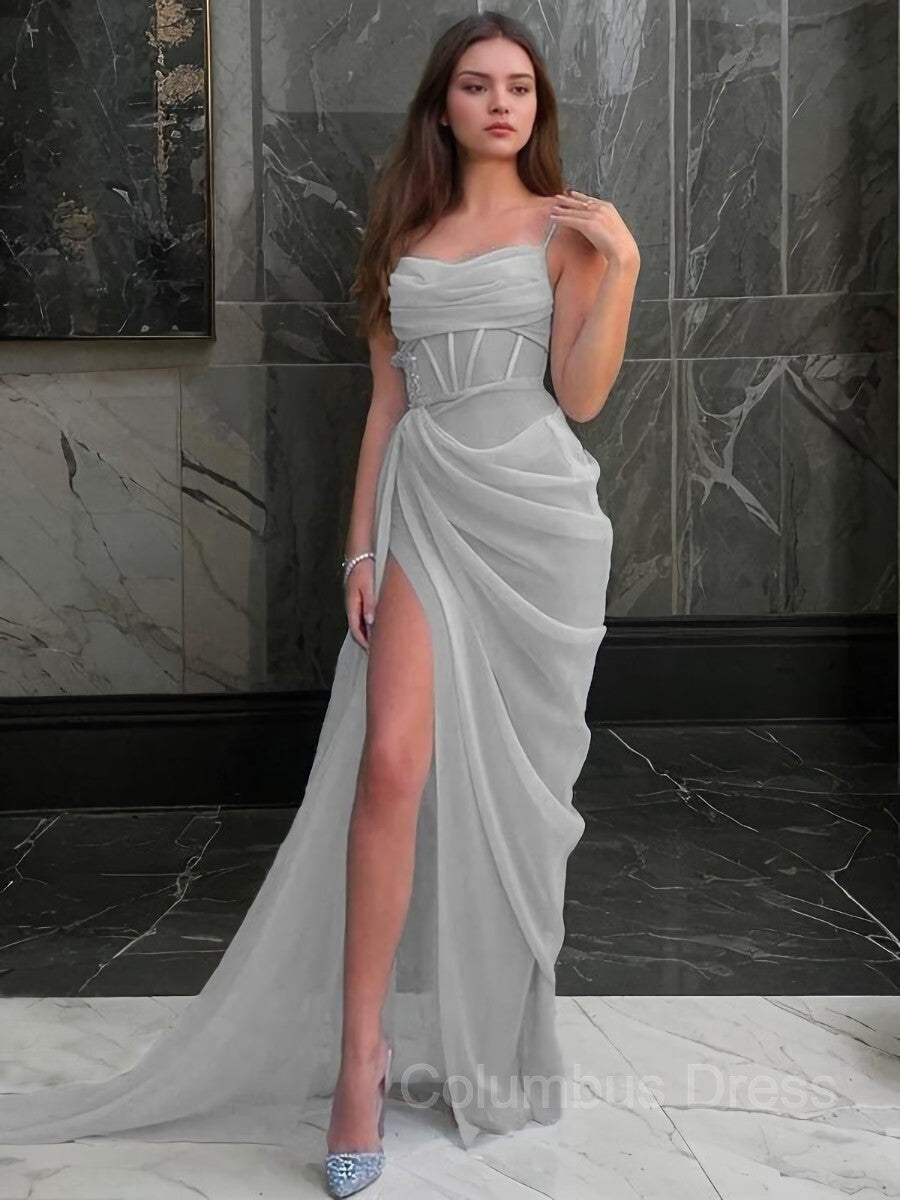 Formal Dresses 2046, Sheath/Column Spaghetti Straps Sweep Train Organza Prom Dresses With Leg Slit