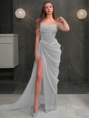 Formal Dresses Prom, Sheath/Column Spaghetti Straps Sweep Train Organza Prom Dresses With Leg Slit