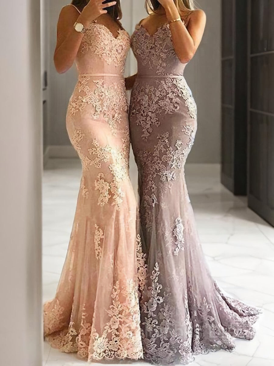 Bridesmaids Dress Blush, Sheath/Column Spaghetti Straps Sweep Train Tulle Evening Dresses With Appliques Lace