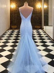 Bridesmaid Dress Beach Wedding, Sheath/Column Spaghetti Straps Sweep Train Tulle Evening Dresses With Sequin