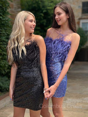 Formal Dress For Wedding Guest, Sheath/Column Strapless Short/Mini Sequins Homecoming Dresses With Feather