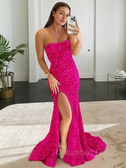 Homecoming Dresses Pink, Sheath/Column Strapless Sweep Train Evening Dresses With Leg Slit