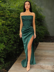 Bridesmaid Dress Floral, Sheath/Column Strapless Sweep Train Sequins Prom Dresses With Leg Slit