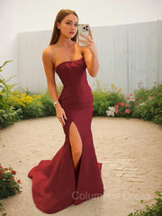 Formal Dresses For Ladies Over 74, Sheath/Column Strapless Sweep Train Stretch Crepe Evening Dresses With Leg Slit