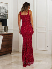 Mini Dress, Sheath/Column Straps Floor-Length Velvet Sequins Prom Dresses With Leg Slit