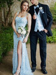 Formal Dresses Classy, Sheath/Column Straps Sweep Train Tulle Prom Dresses With Leg Slit