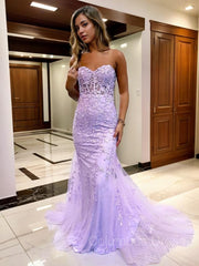 Prom Dress Long Sleeve Ball Gown, Sheath/Column Sweetheart Court Train Tulle Prom Dresses With Appliques Lace