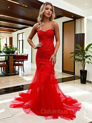 Prom Dresses For 36 Year Olds, Sheath/Column Sweetheart Court Train Tulle Prom Dresses With Appliques Lace