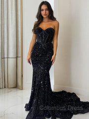 Prom Dresses Brown, Sheath/Column Sweetheart Court Train Velvet Sequins Prom Dresses With Ruffles