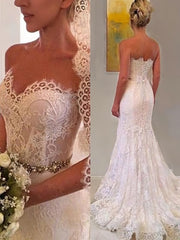 Wedding Dresses Lace Beach, Sheath/Column Sweetheart Sweep Train Lace Wedding Dresses With Beading