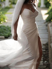 Wedding Dress Princesses, Sheath/Column Sweetheart Sweep Train Satin Wedding Dresses With Leg Slit