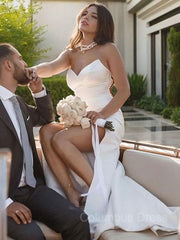 Wedding Dress Lace Sleeves, Sheath/Column Sweetheart Sweep Train Satin Wedding Dresses With Leg Slit