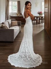 Wedding Dresses 2029, Sheath/Column V-neck Court Train Lace Wedding Dresses