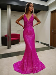 Formal Dresses Lace, Sheath/Column V-neck Court Train Sequins Prom Dresses