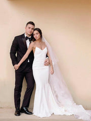 Wedding Dresses With Straps, Sheath/Column V-neck Court Train Stretch Crepe Wedding Dresses