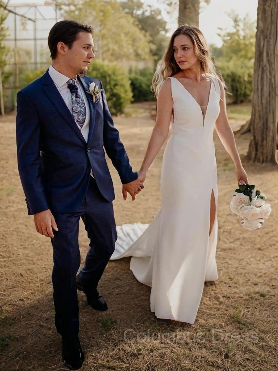 Wedding Dress Wedding Dresses, Sheath/Column V-neck Court Train Stretch Crepe Wedding Dresses With Leg Slit